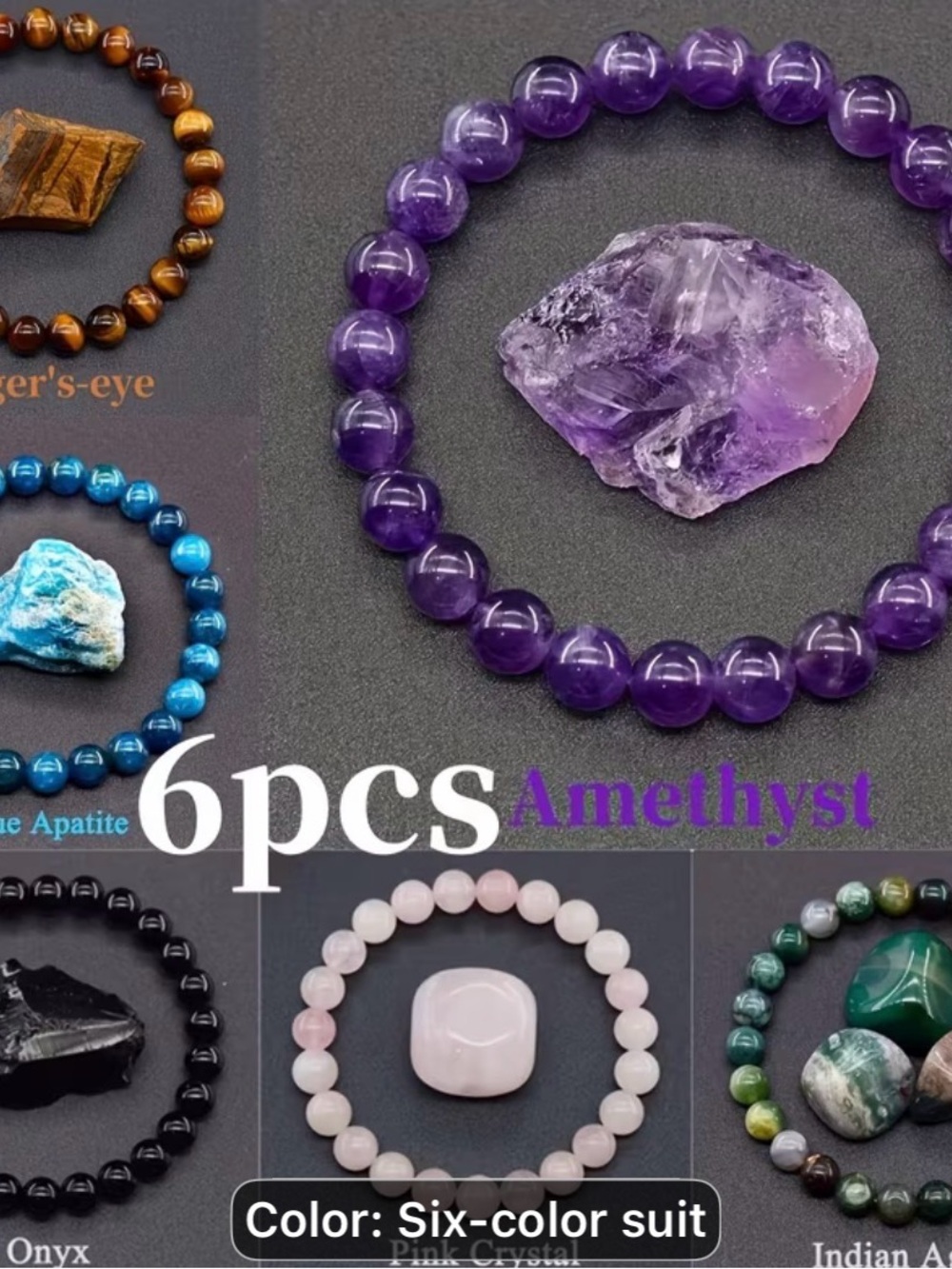 6 natural stone Amethyst Beaded Stretch Bracelet-6 Color Crystal Set